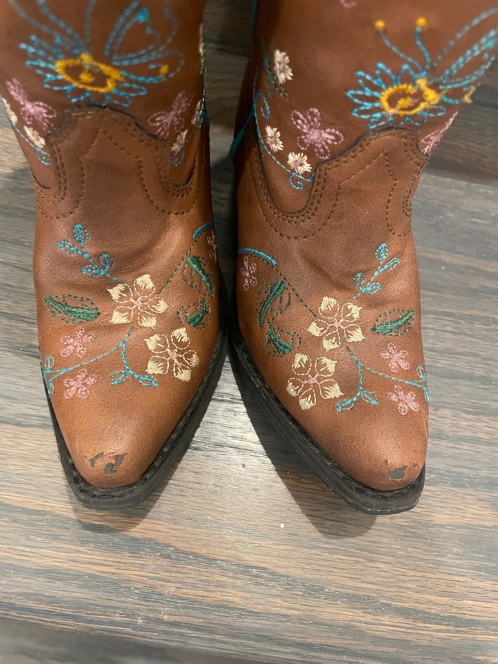 Girl’s Brown Embroidered Western Boots with Turquoise Lining - Picture 2 of 5